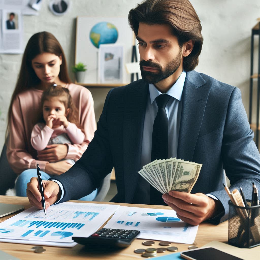 A man in a suit and tie holding money at a desk, surrounded by his family.