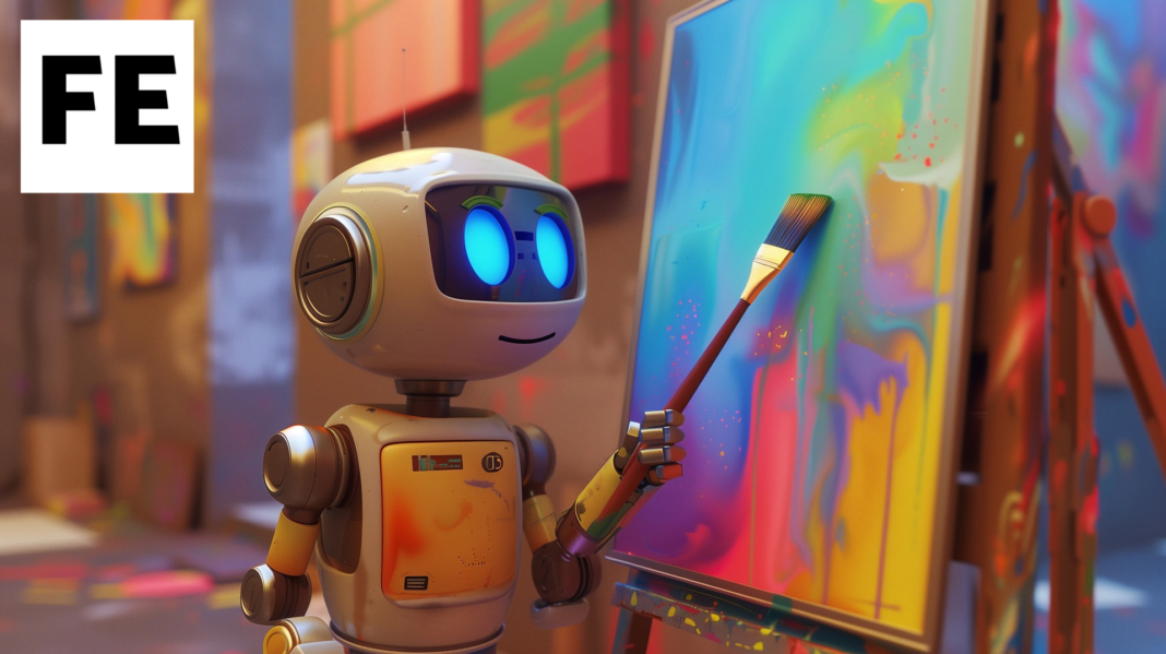 A robot artist creating a masterpiece on a canvas using a brush, showcasing its artistic abilities.